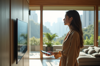Jeune femme en intérieur interactant avec une interface digitale