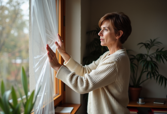 Femme posant une plaque de plastique sur une fenêtre en intérieur