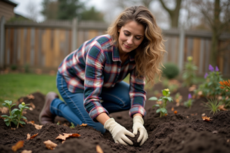 Femme plantant des bulbes de lys dans un jardin automnal