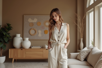 Femme en jupeton en intérieur avec vase en céramique