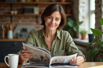 Femme lisant un numéro du magazine de bricolage Bricolife à table dans une cuisine chaleureuse