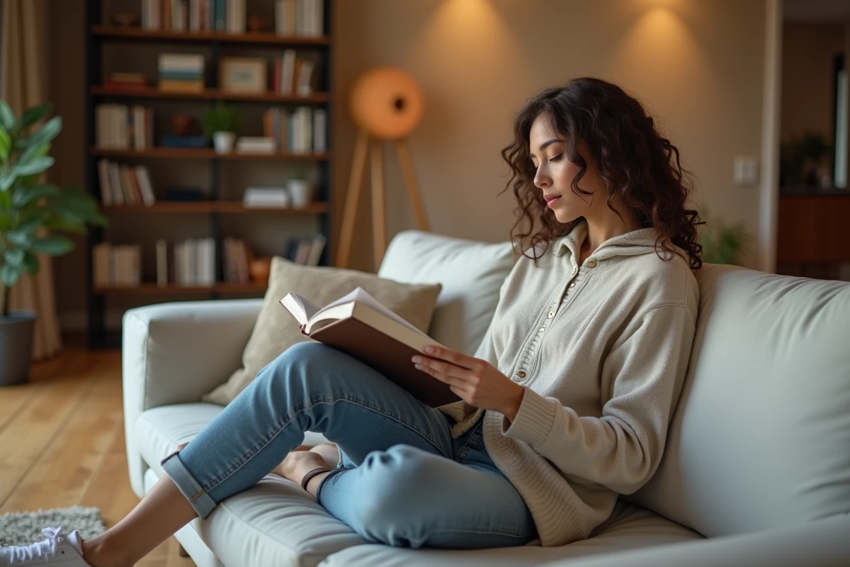 Jeune femme lisant dans un salon bien isolé et cosy