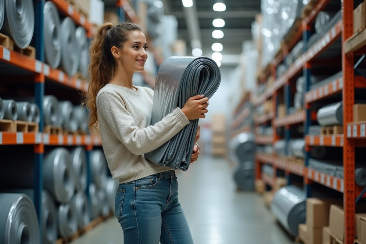 Jeune femme tenant une bâche plastique dans un magasin de bricolage