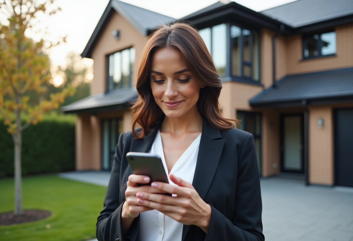 Femme utilisant son smartphone devant une maison contemporaine
