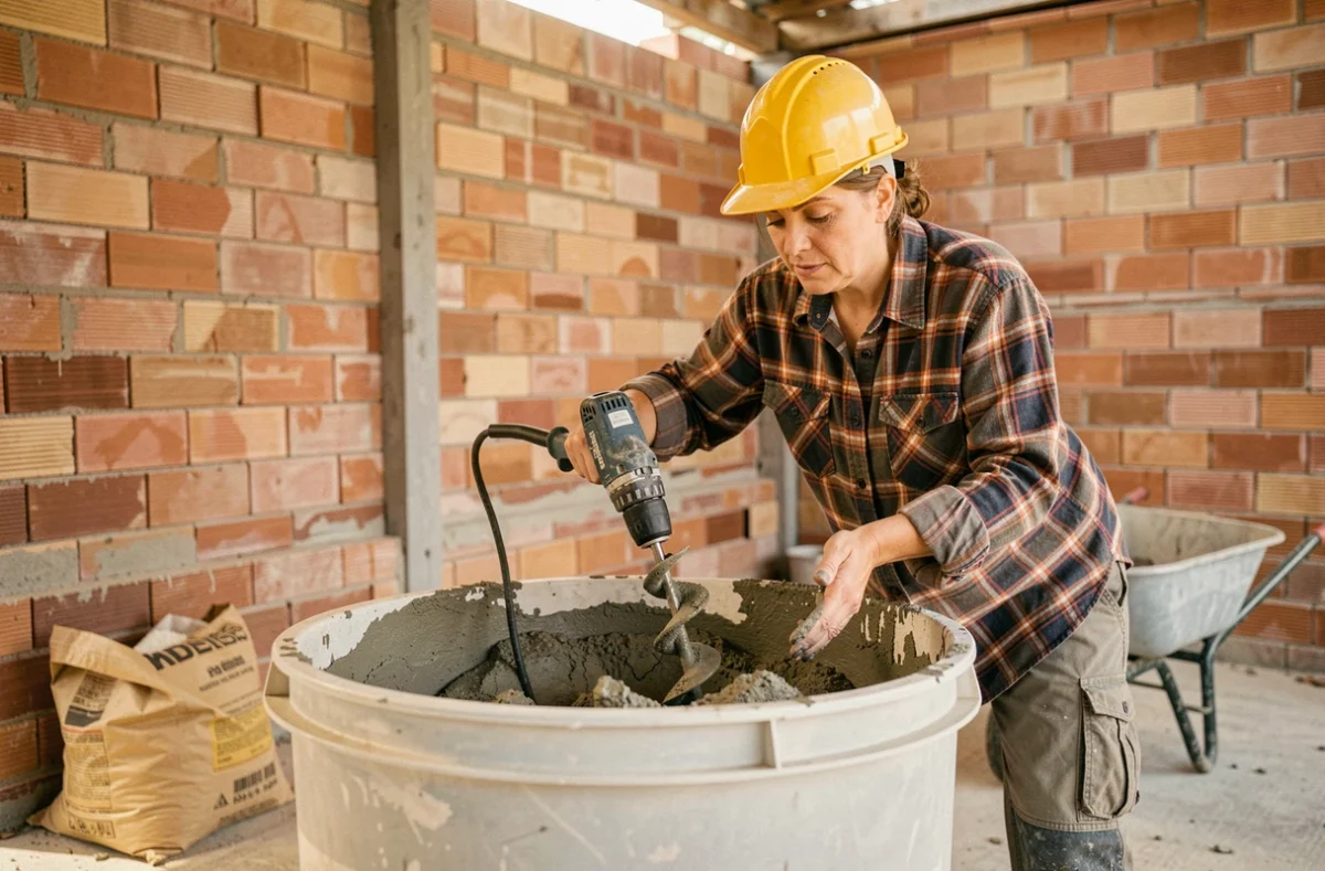 Femme sur chantier utilisant un malaxeur électrique pour doser et mélanger du béton pour scellements