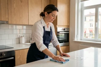 Femme de ménage professionnelle nettoyant un plan de travail dans une cuisine moderne à Annemasse