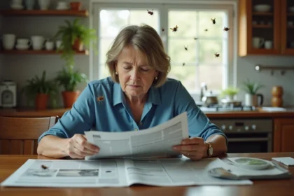 Femme d'âge moyen frustrée devant un journal avec des mouches sur la fenêtre
