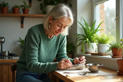 Femme nettoyant de l'argenterie dans une cuisine lumineuse