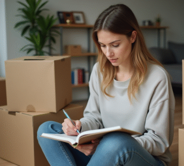 Femme organisant un déménagement avec des cartons dans un salon