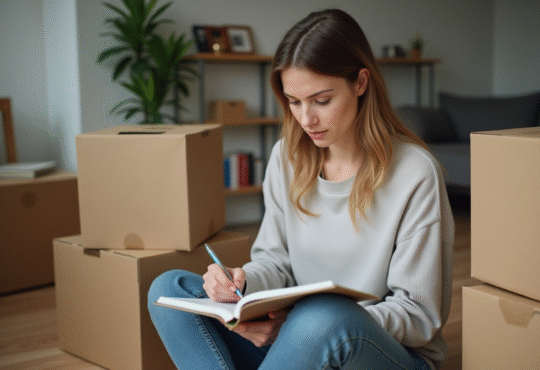Femme organisant un déménagement avec des cartons dans un salon