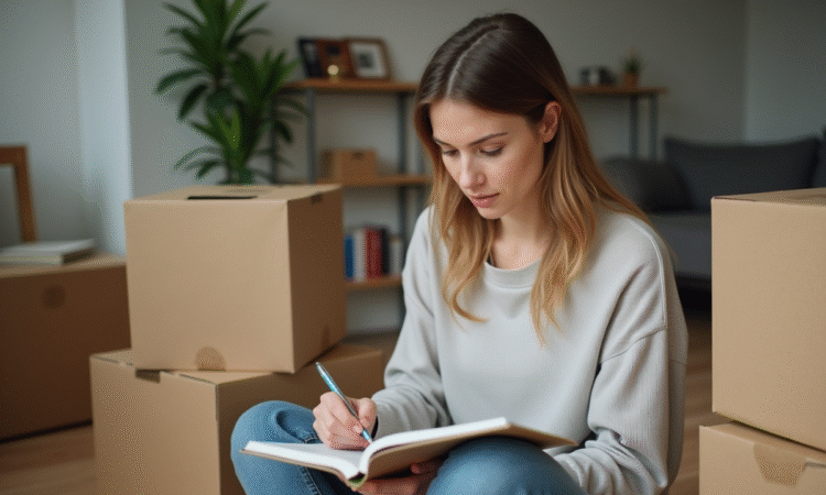 Femme organisant un déménagement avec des cartons dans un salon
