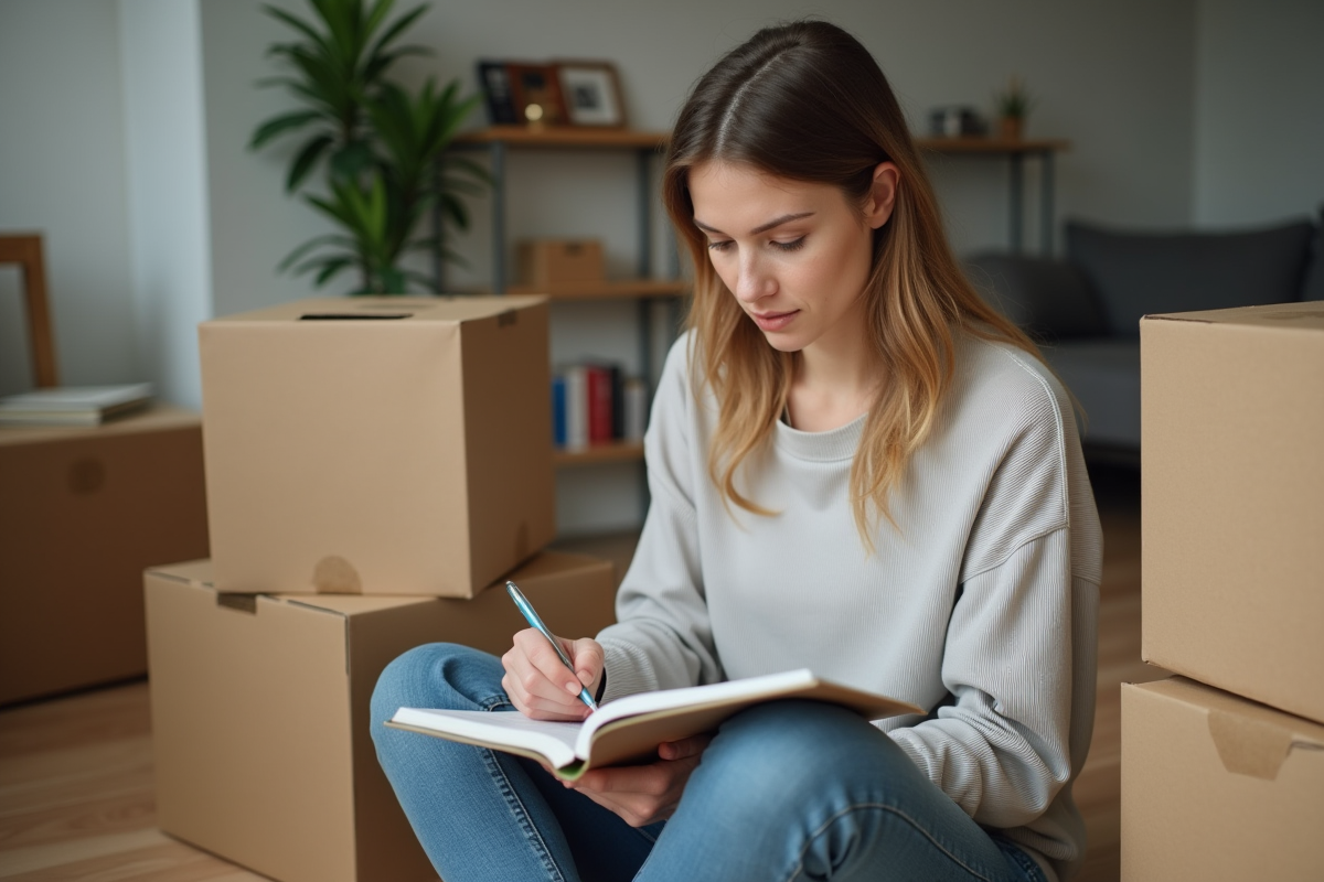 Femme organisant un déménagement avec des cartons dans un salon