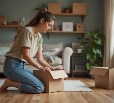 Jeune femme organisant des objets dans des boîtes à la maison