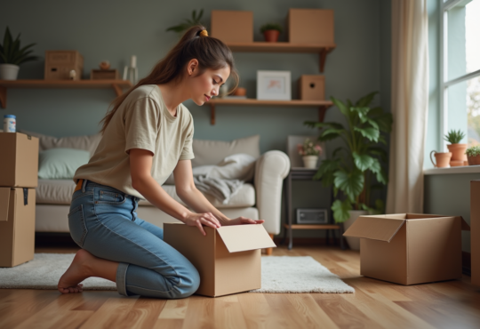 Jeune femme organisant des objets dans des boîtes à la maison