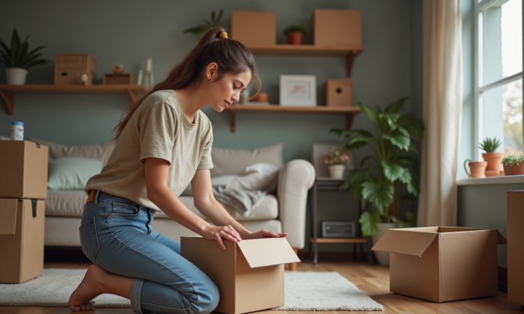 Jeune femme organisant des objets dans des boîtes à la maison