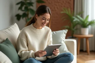Femme utilisant un outil de planification d'intérieur sur tablette dans un salon cosy au style scandinave