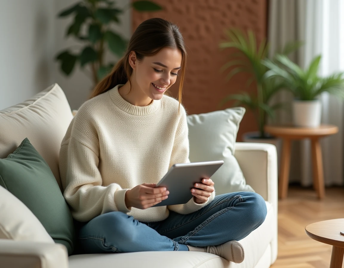 Femme utilisant un outil de planification d'intérieur sur tablette dans un salon cosy au style scandinave
