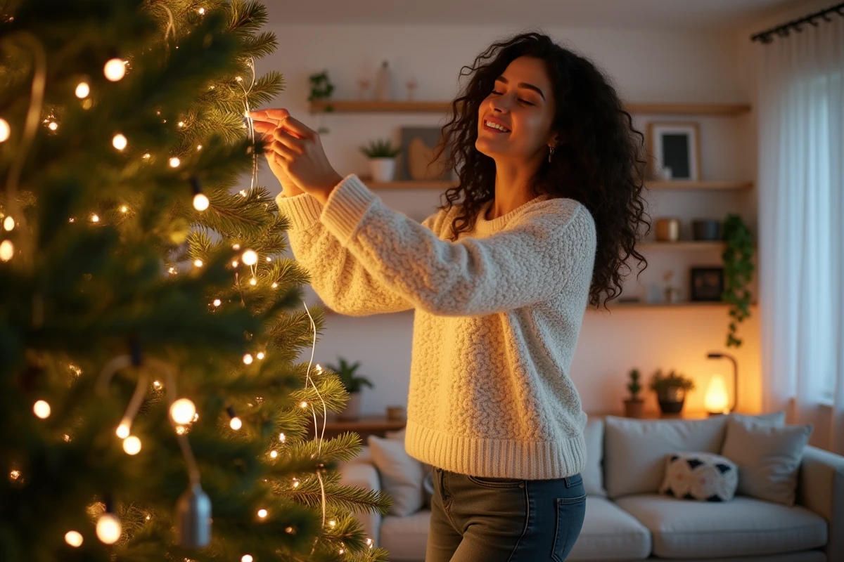 Femme installant des guirlandes lumineuses LED sur un sapin de Noël dans un intérieur scandinave épuré