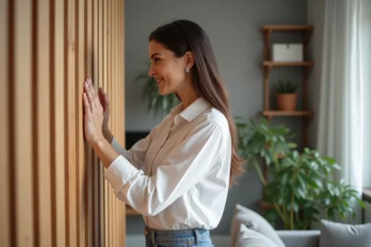 Jeune femme professionnelle touchant un panneau en bois moderne