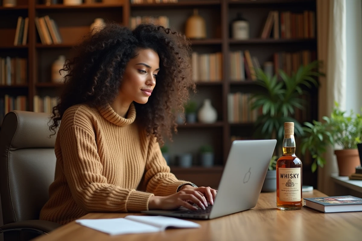 Femme consultant un site web de coffrets cadeaux whisky sur laptop avec une bouteille et une checklist sur son bureau