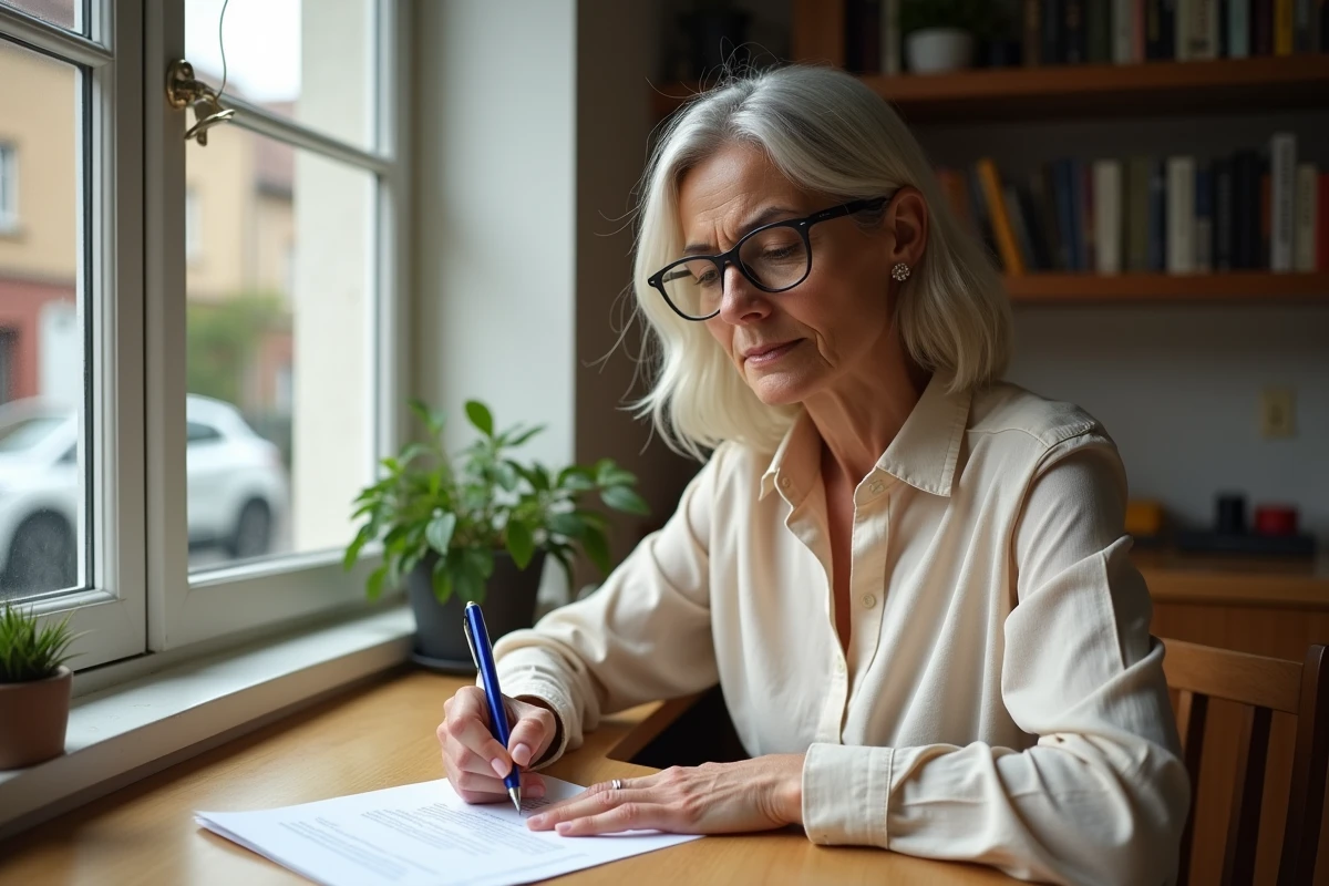 Femme rédigeant une lettre formelle chez elle pour signaler un problème de stationnement devant son domicile