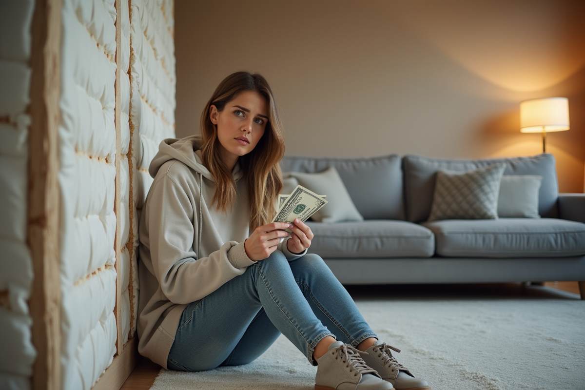 Jeune femme avec un devis près d’un mur isolé
