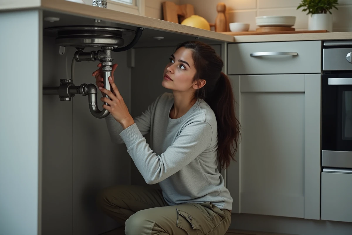 Femme répare un tuyau sous un évier de cuisine
