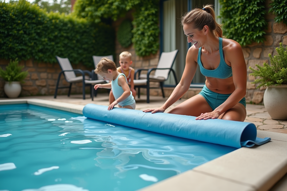 Jeune femme souriante roule une couverture de piscine familiale