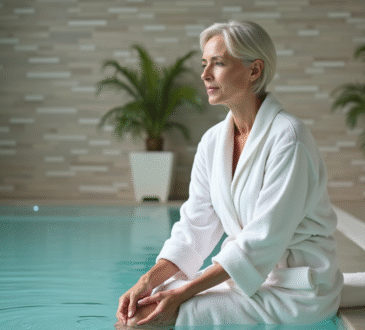 Femme détendue dans un spa intérieur en peignoir blanc