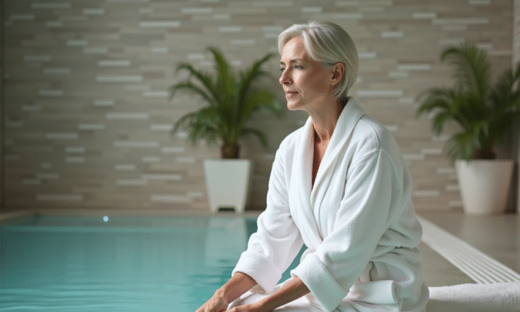 Femme détendue dans un spa intérieur en peignoir blanc