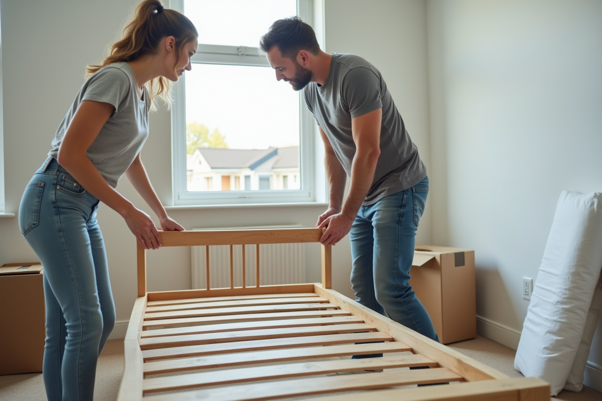 Femme superviseur regarde un monteur assembler un lit dans une chambre
