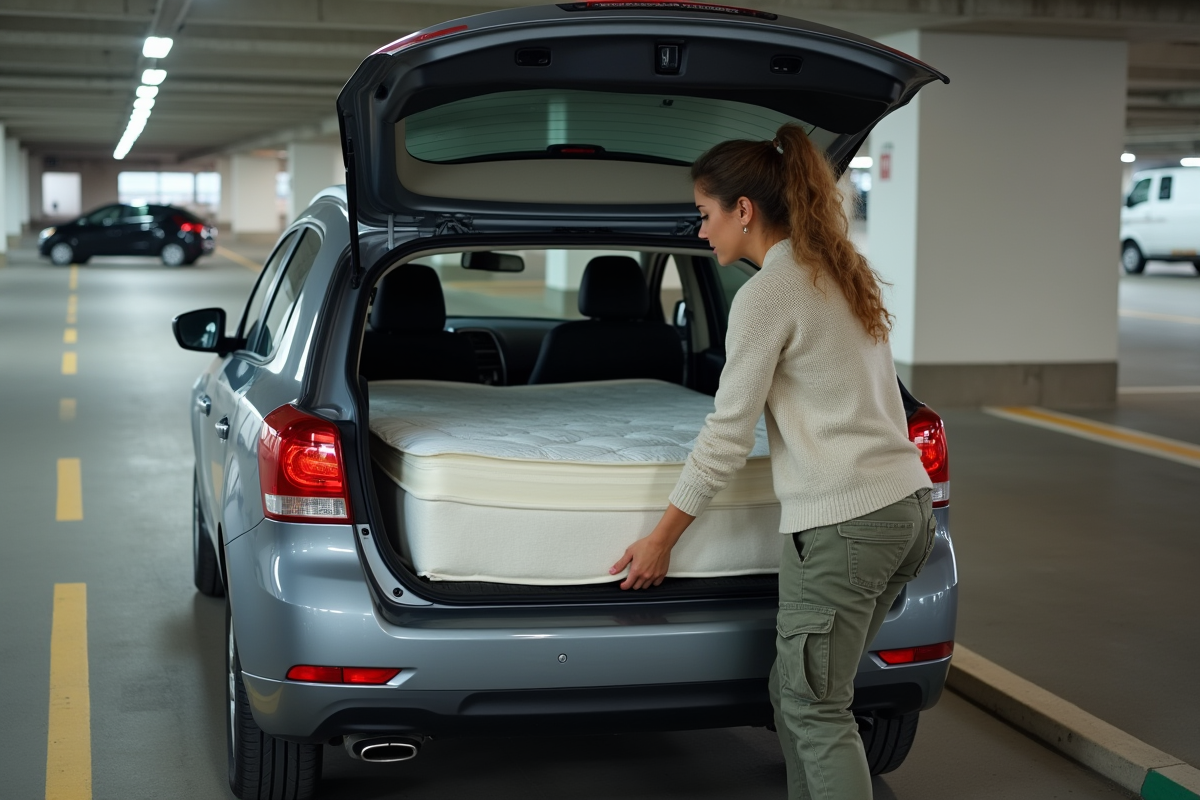 Femme déplaçant un matelas dans une voiture urbaine