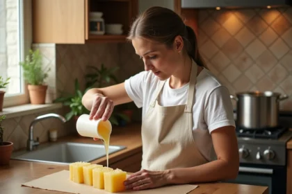 Femme versant du savon fondu dans un moule en silicone sur un plan de travail en bois, technique de refonte du savon à la maison