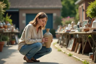 Femme inspectant un vase ancien lors d'un vide-grenier en Loire-Atlantique