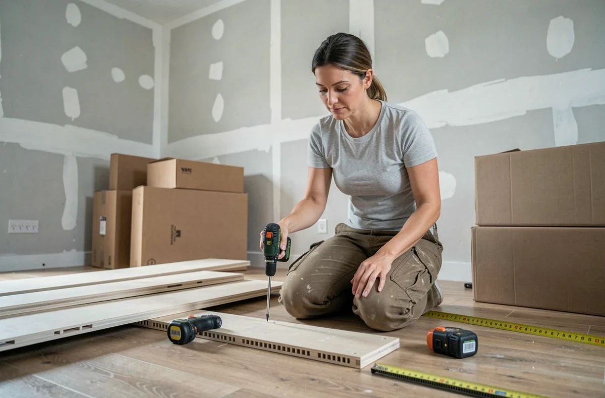 Femme assemblant des meubles en kit avec une visseuse sans fil dans un appartement en rénovation