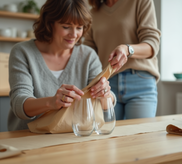 Femme emballant des verres en cuisine lumineuse