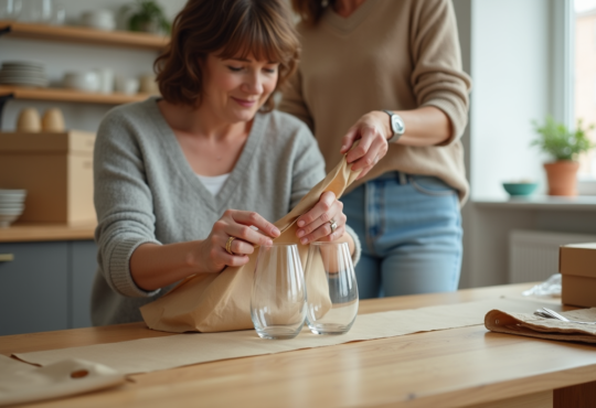 Femme emballant des verres en cuisine lumineuse