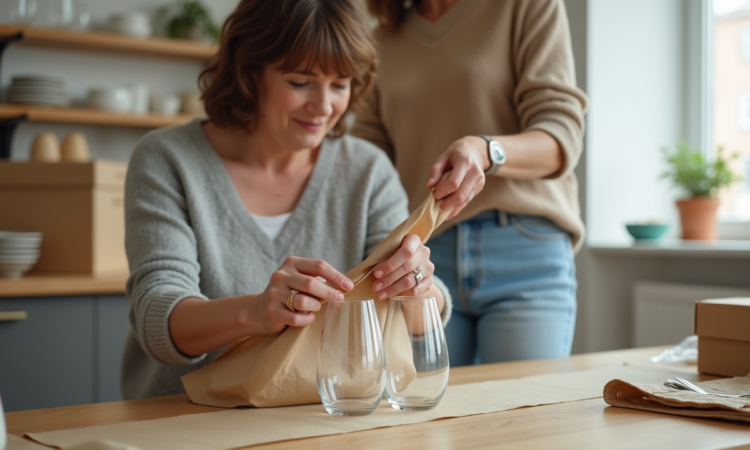 Femme emballant des verres en cuisine lumineuse