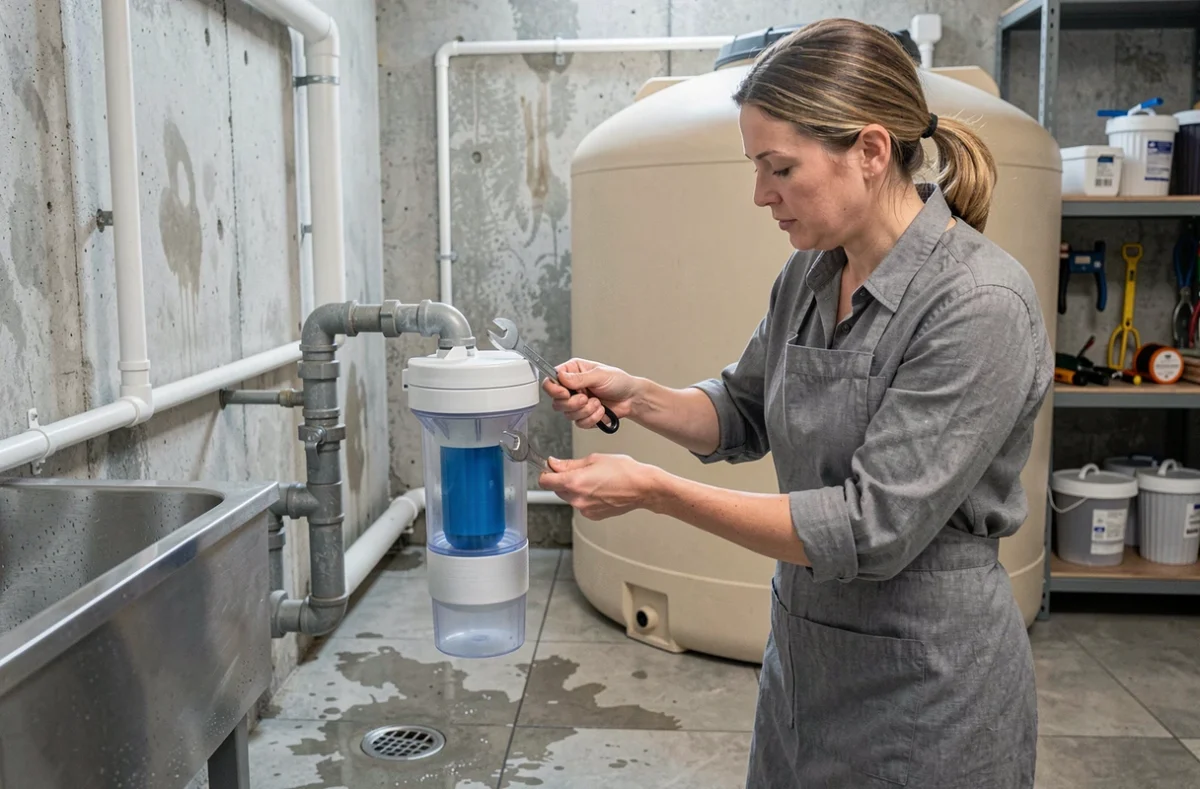 Femme installant un filtre post-cuve sous un évier en sous-sol relié à une cuve de stockage d'eau de pluie