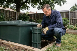 Homme inspectant un filtre de pré-traitement installé avant une cuve de récupération d'eau de pluie enterrée dans un jardin résidentiel