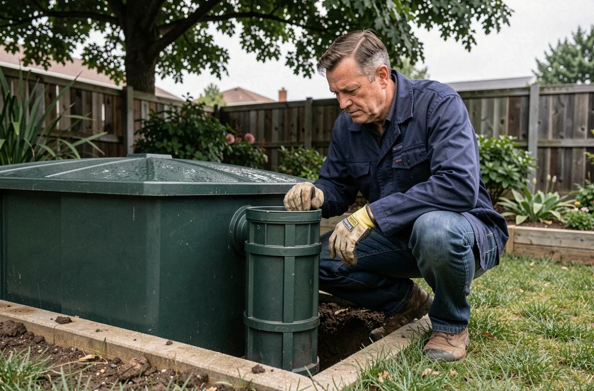Homme inspectant un filtre de pré-traitement installé avant une cuve de récupération d'eau de pluie enterrée dans un jardin résidentiel