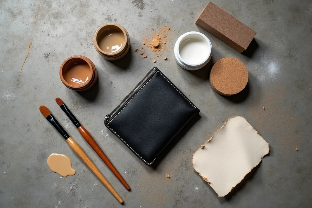 Vue de dessus d'un portefeuille en cuir foncé entouré de peintures et d'outils pour le repeindre en clair sur béton