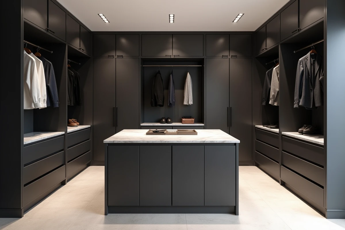 Grand dressing 2 personnes de 12 m² avec armoires symétriques et îlot central en marbre