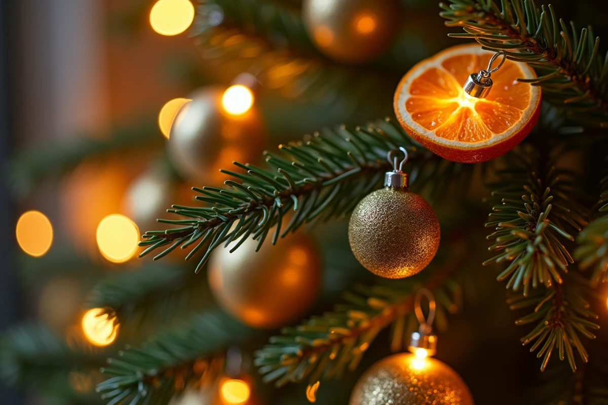 Gros plan sur des branches de sapin ornées de guirlandes lumineuses blanc chaud et de décorations de Noël naturelles