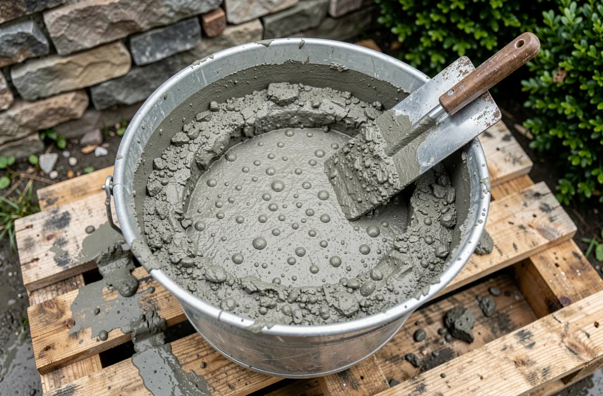 Gros plan sur un bac de mortier béton fraîchement mélangé pour réaliser des scellements solides