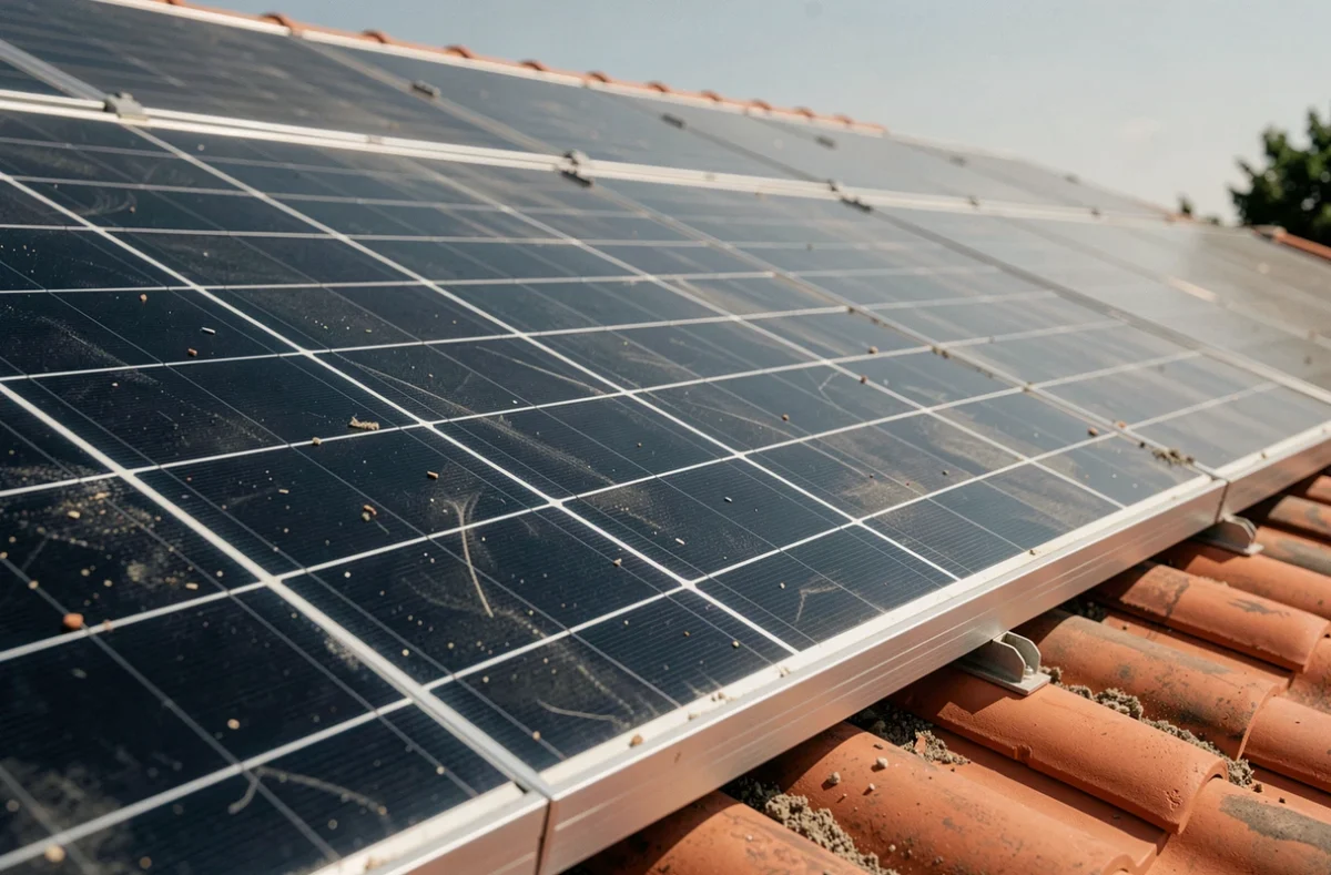 Gros plan sur des panneaux solaires photovoltaïques installés sur un toit en tuiles dans le sud de la France
