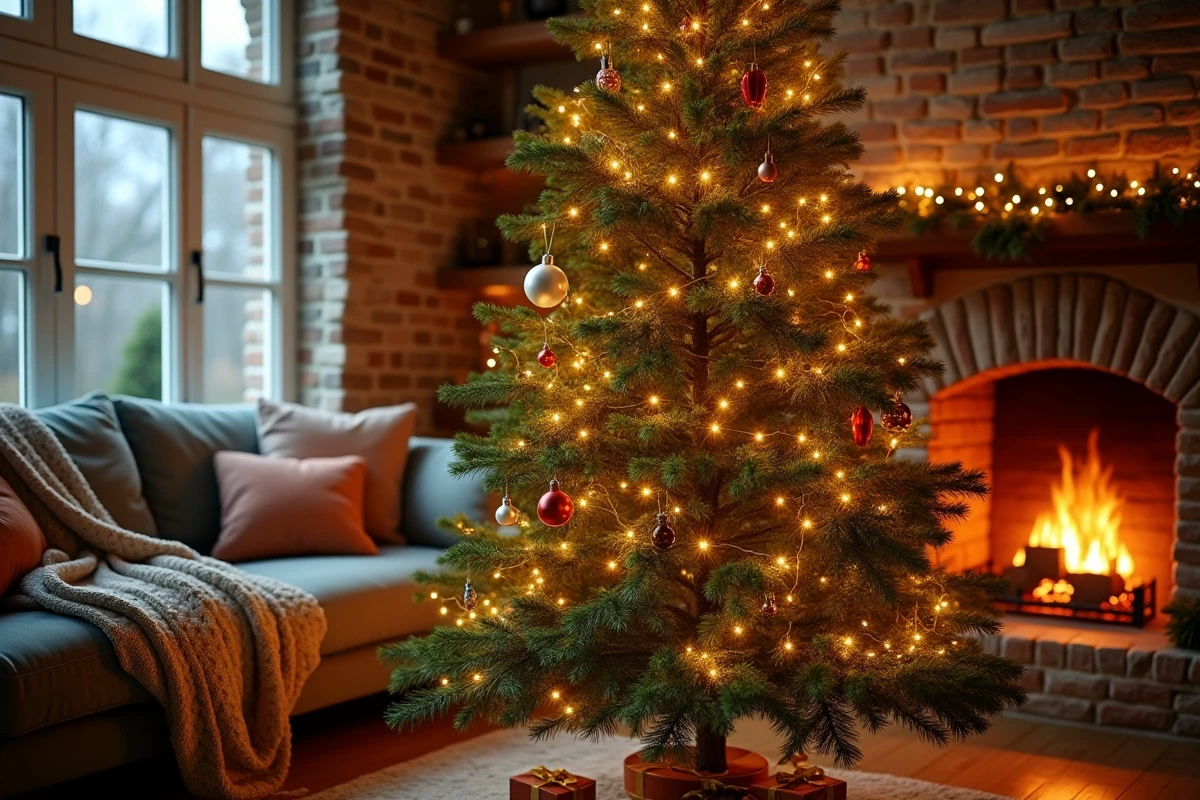Sapin de Noël décoré de guirlandes lumineuses dorées dans un salon chaleureux avec cheminée et canapé en arrière-plan