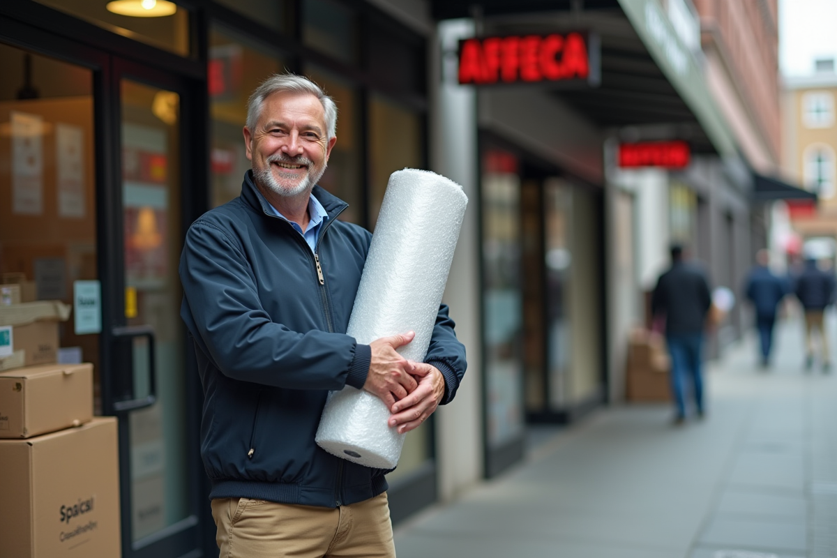 Homme avec rouleau de bulles devant un magasin de fournitures