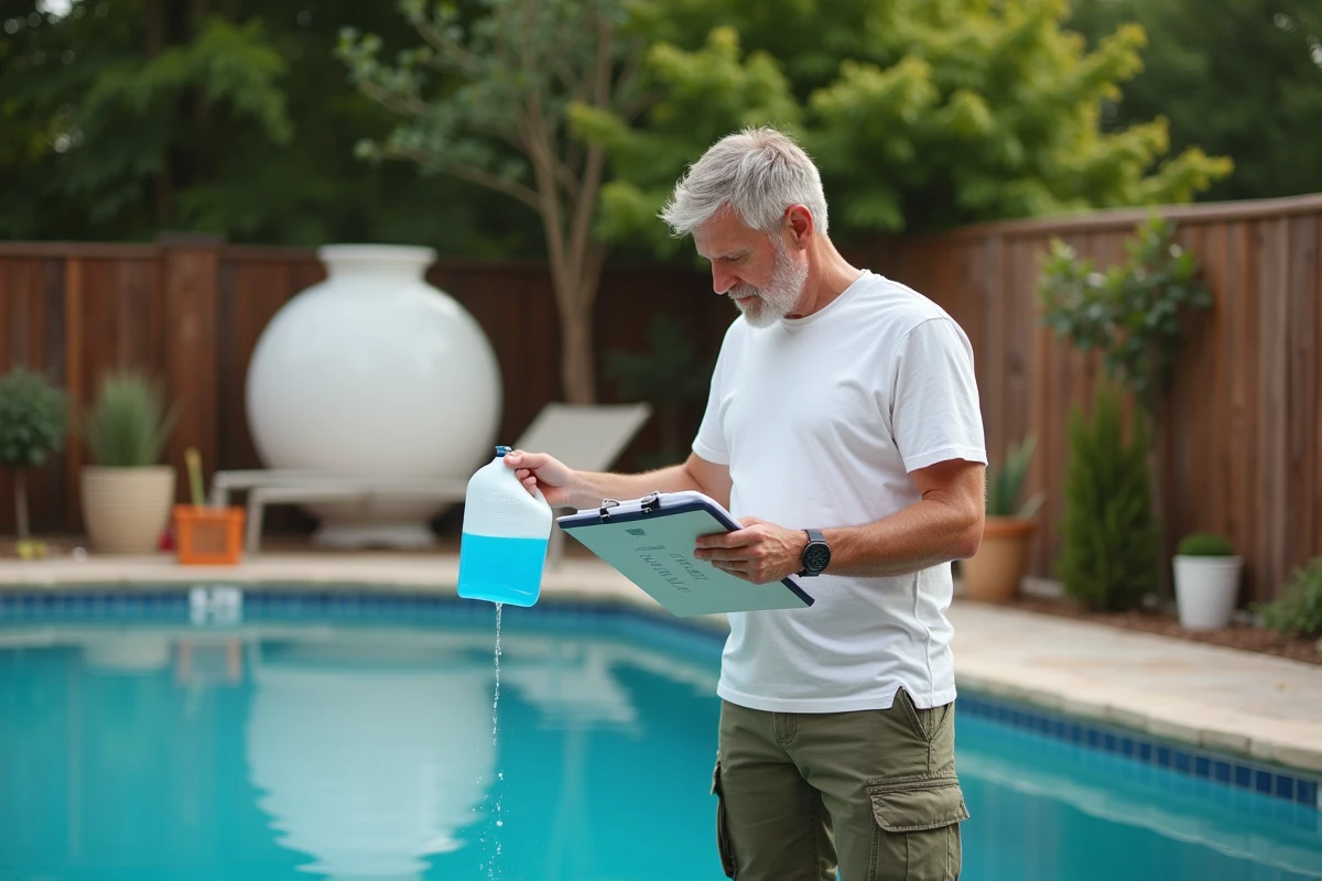 Homme versant des produits chimiques dans la piscine