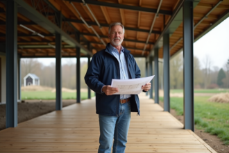 Homme en jeans tenant des plans sur une terrasse en bois